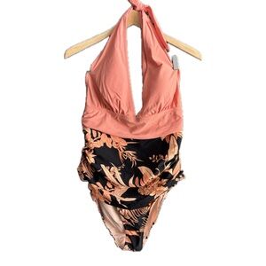 Cupshe NWT Floral Halter Pink Black Floral One-Piece Swimsuit XXL
